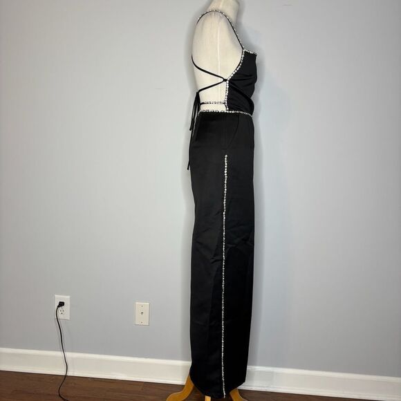 Nasty Gal- Black Premium Satin Diamante Trim Strap Back Jumpsuit - Picture 6 of 7